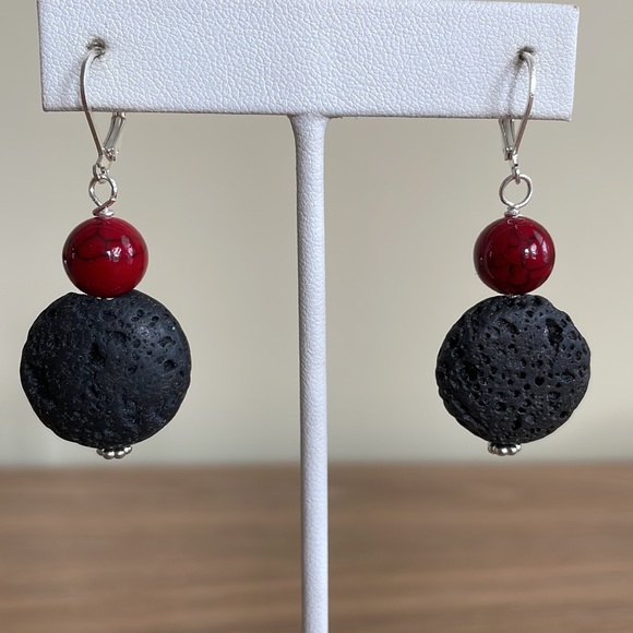 HAND CRAFTED LAVA ROCK EARRINGS Black Lava Rock “Coins” Red Glass Beads - Picture 5 of 12